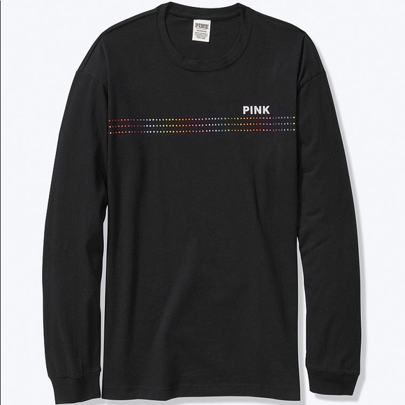 PINK Victoria's Secret Tops - 💕VS PINK RAINBOW 🌈 BLING RHINESTONE BLACK CAMPUS TEE LONG SLEEVE